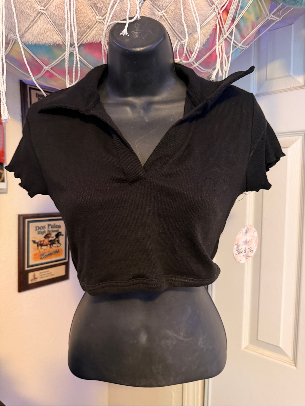 Black Cropped Polo Top with Notch V-Neck